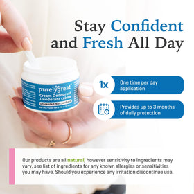 Purelygreat skin-friendly deodorant cream applied to underarm area.