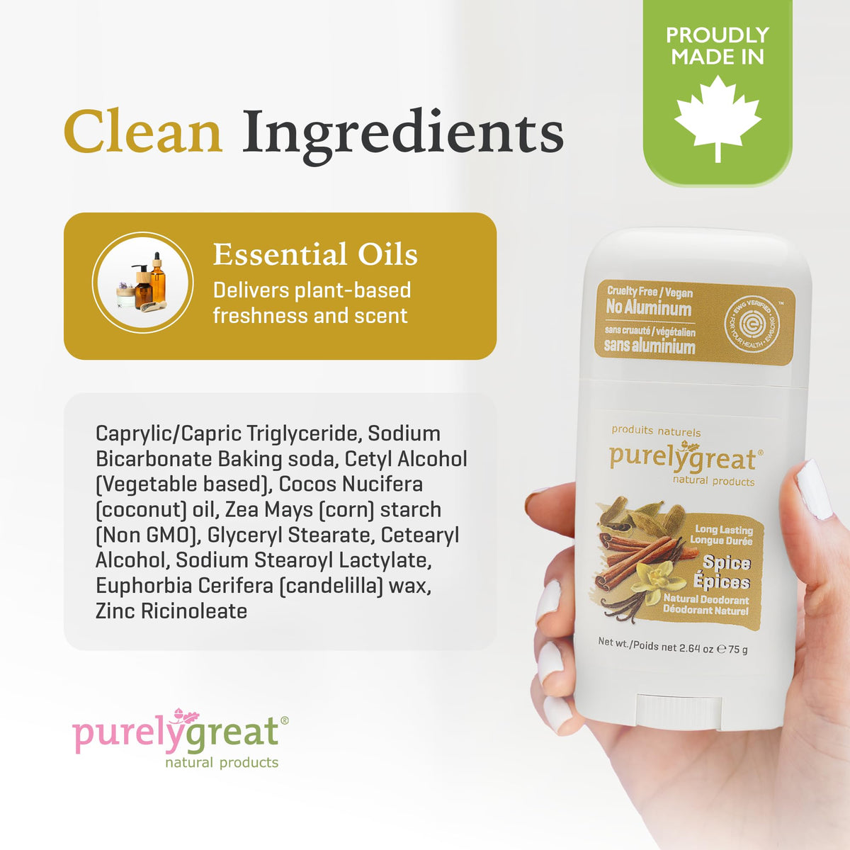 Label highlights aluminum- and paraben-free formula from Purelygreat spice deodorant.
