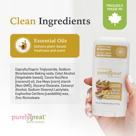 Label highlights aluminum- and paraben-free formula from Purelygreat spice deodorant.