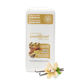 Purelygreat spice scented deodorant stick close-up, sleek travel-friendly design for daily use.