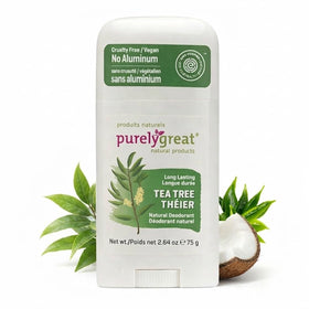 Purelygreat Tea Tree Deodorant Stick packaging for on-the-go freshness.