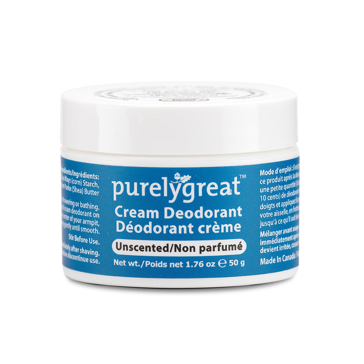 Purelygreat unscented cream deodorant bottle showing aluminum-free formula for safe daily use.