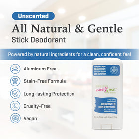 Purelygreat unscented deodorant stick close-up texture for smooth application.