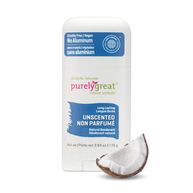Purelygreat unscented deodorant stick front view for daily freshness.