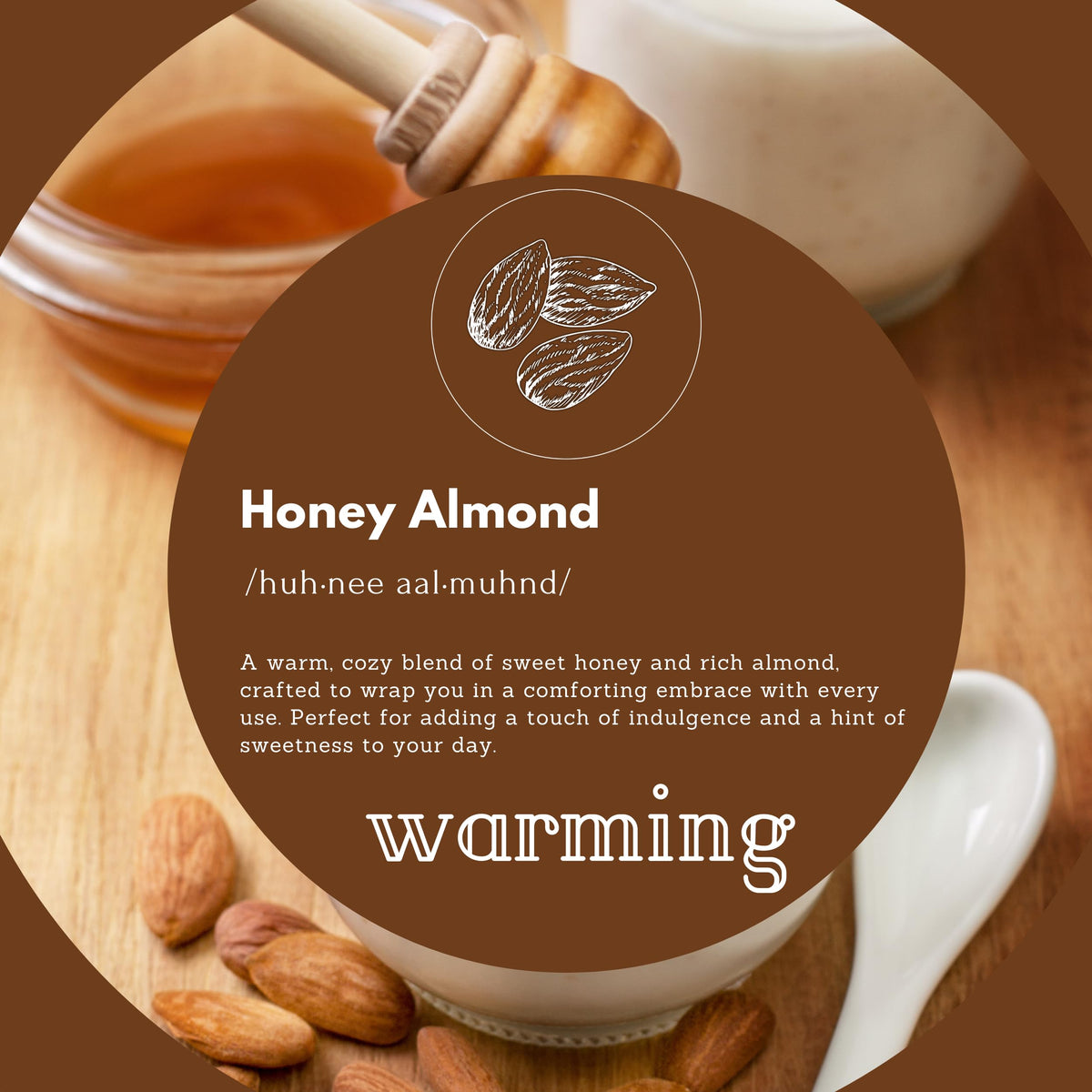 Puremax bottle label close-up highlighting honey almond scent.