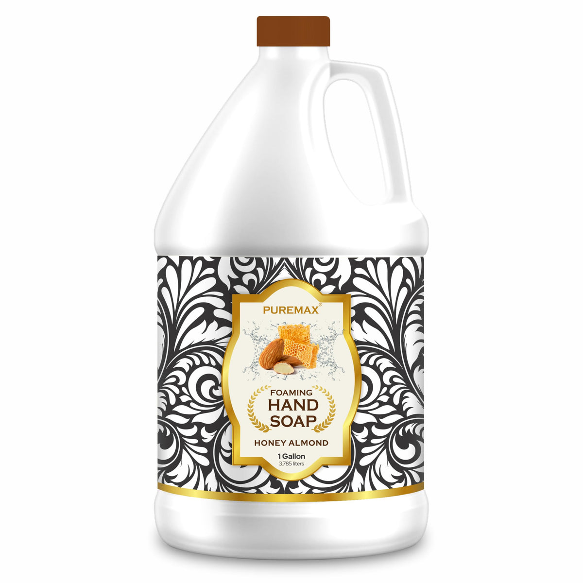 Puremax honey almond foaming hand soap bottle with rich foam for cleansing.