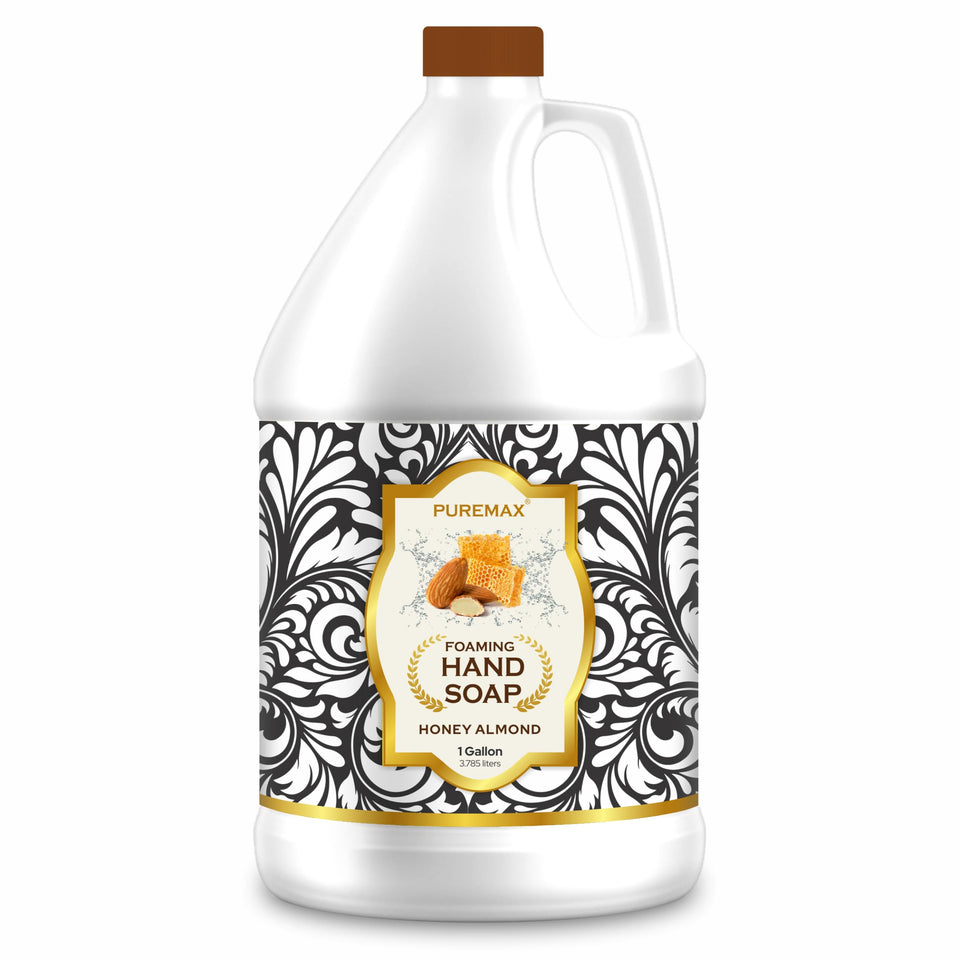 Puremax honey almond foaming hand soap bottle with rich foam for cleansing.