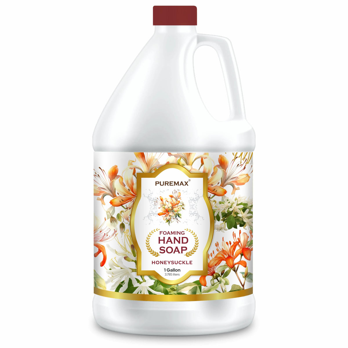 Puremax Honeysuckle foaming soap refill label—eco-friendly bulk option