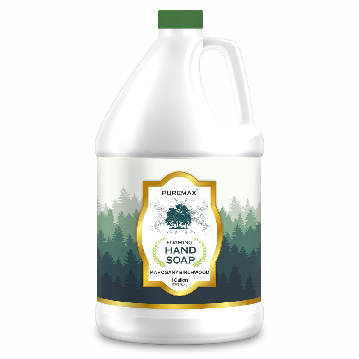 Puremax Mahogany Birchwood bottle label highlights all-natural foaming soap.
