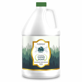 Puremax Mahogany Birchwood bottle label highlights all-natural foaming soap.
