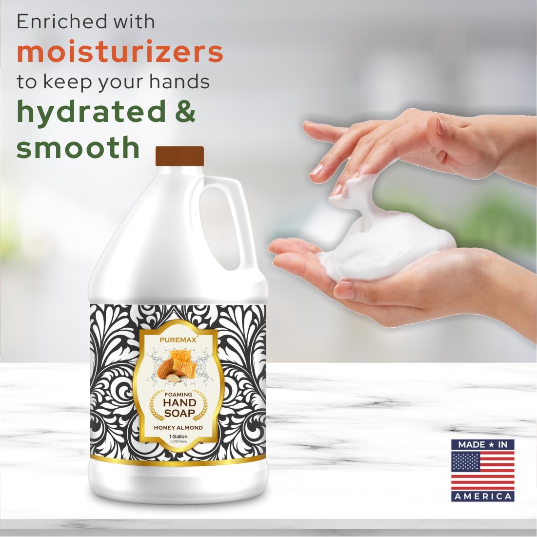 Creamy foam texture of Puremax hand soap on hands.