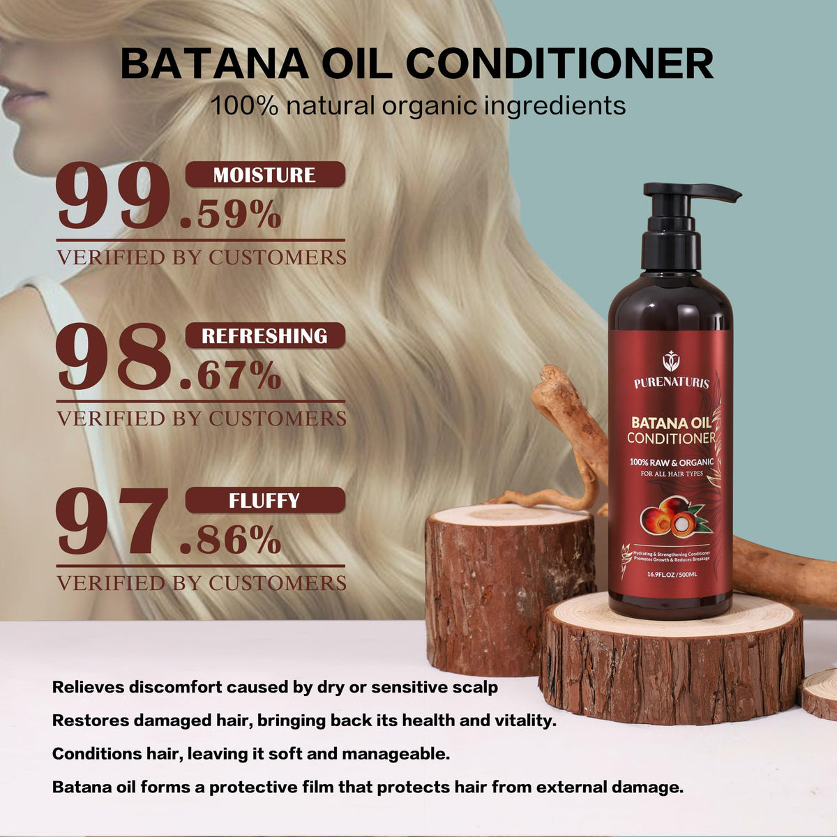 PureNaturis Batana Oil natural-ingredients bottle emphasizes sulfate-free, gentle care.