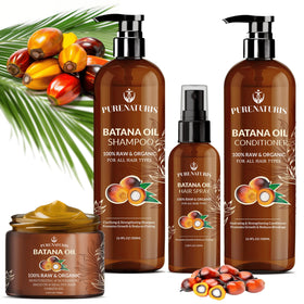 PureNaturis Batana Oil Shampoo bottle shows a nourishing formula for stronger, shinier hair.