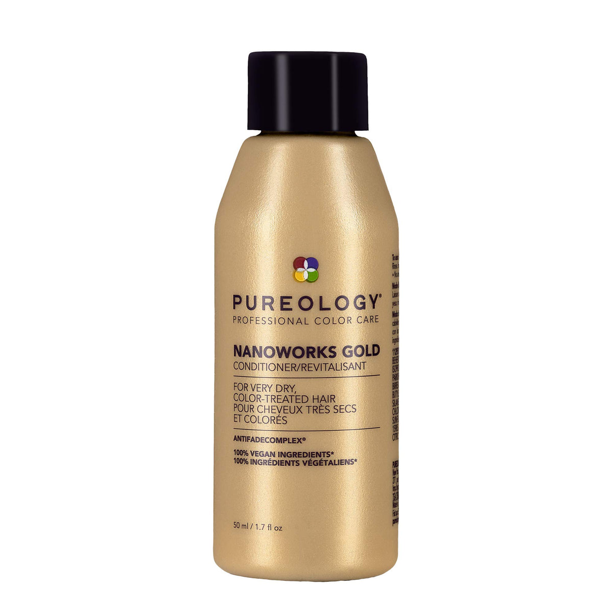 Pureology Nanoworks Gold conditioner bottle shown for color protection and luxurious hydration.