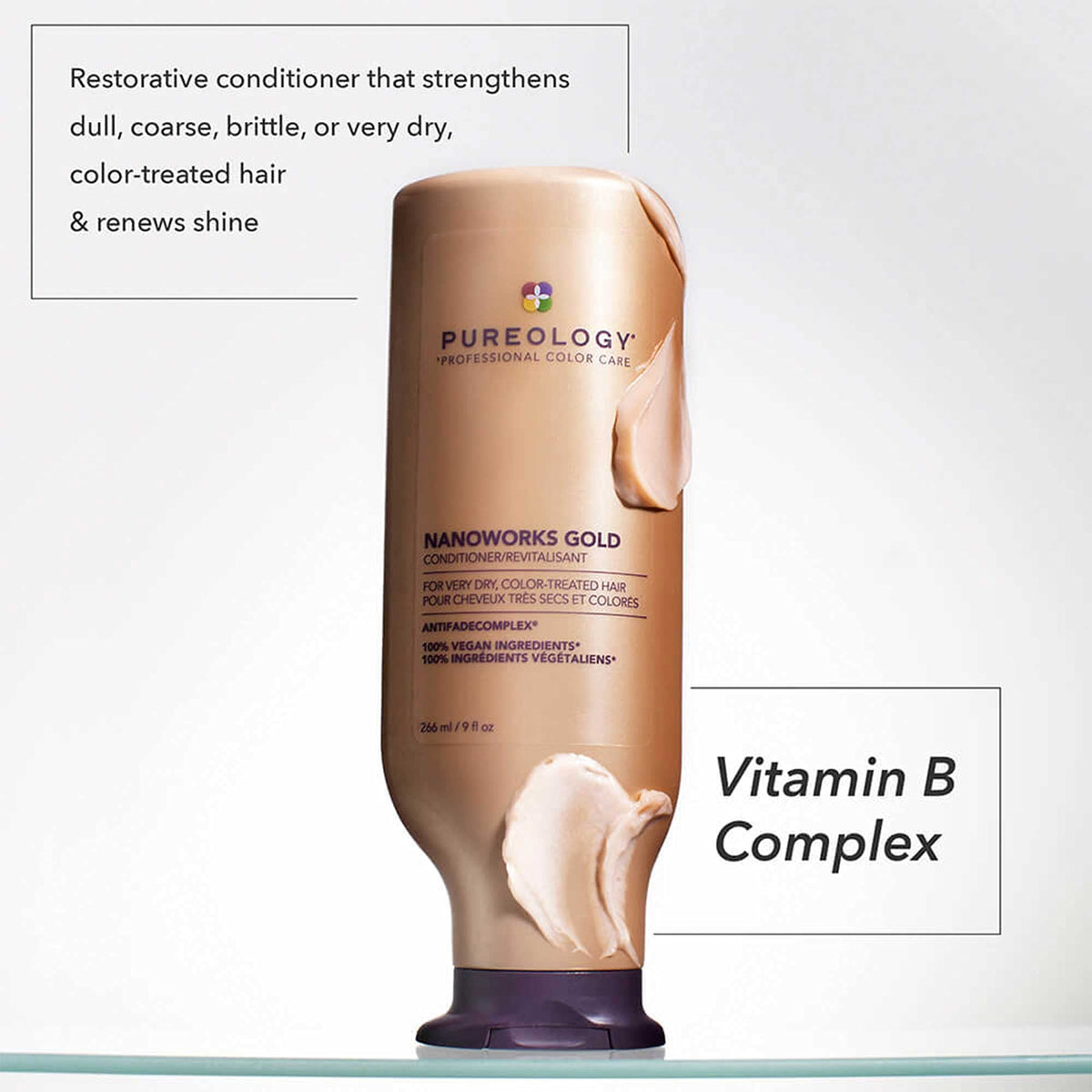 Close-up label detail highlights vegan, sulfate-free formula for color-treated hair.