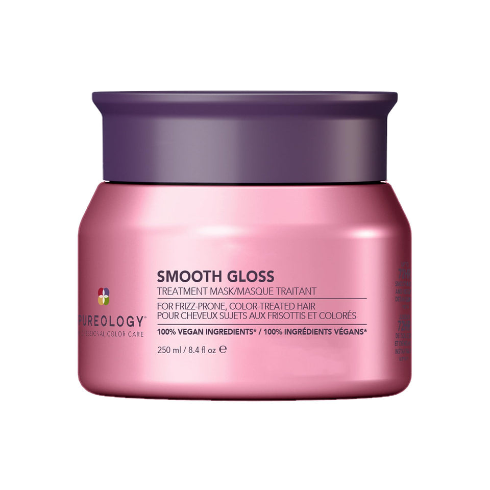 Pureology Smooth Gloss Mask bottle shows instant detangling for color-treated hair