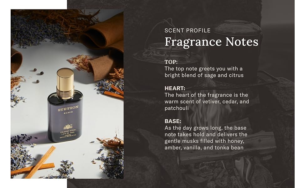 PureScents Stetson Black label notes showcasing sandalwood and spices.