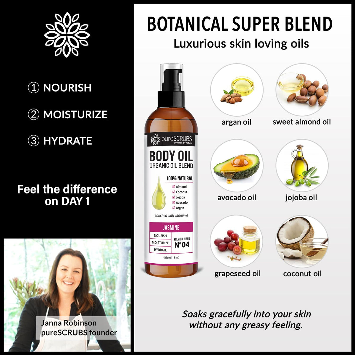 PureSCRUBS Moisturizing oil deeply penetrates to soften dry skin.