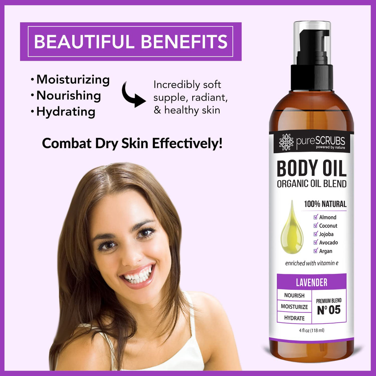 PureSCRUBS Lavender body oil for massage nourishes and hydrates skin for a smooth feel.