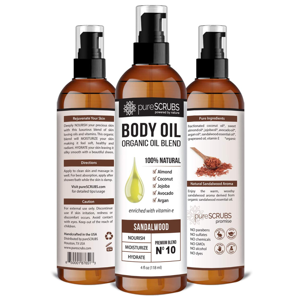 PureSCRUBS oil blend ingredients: jojoba, coconut, argan, and avocado nourish skin.