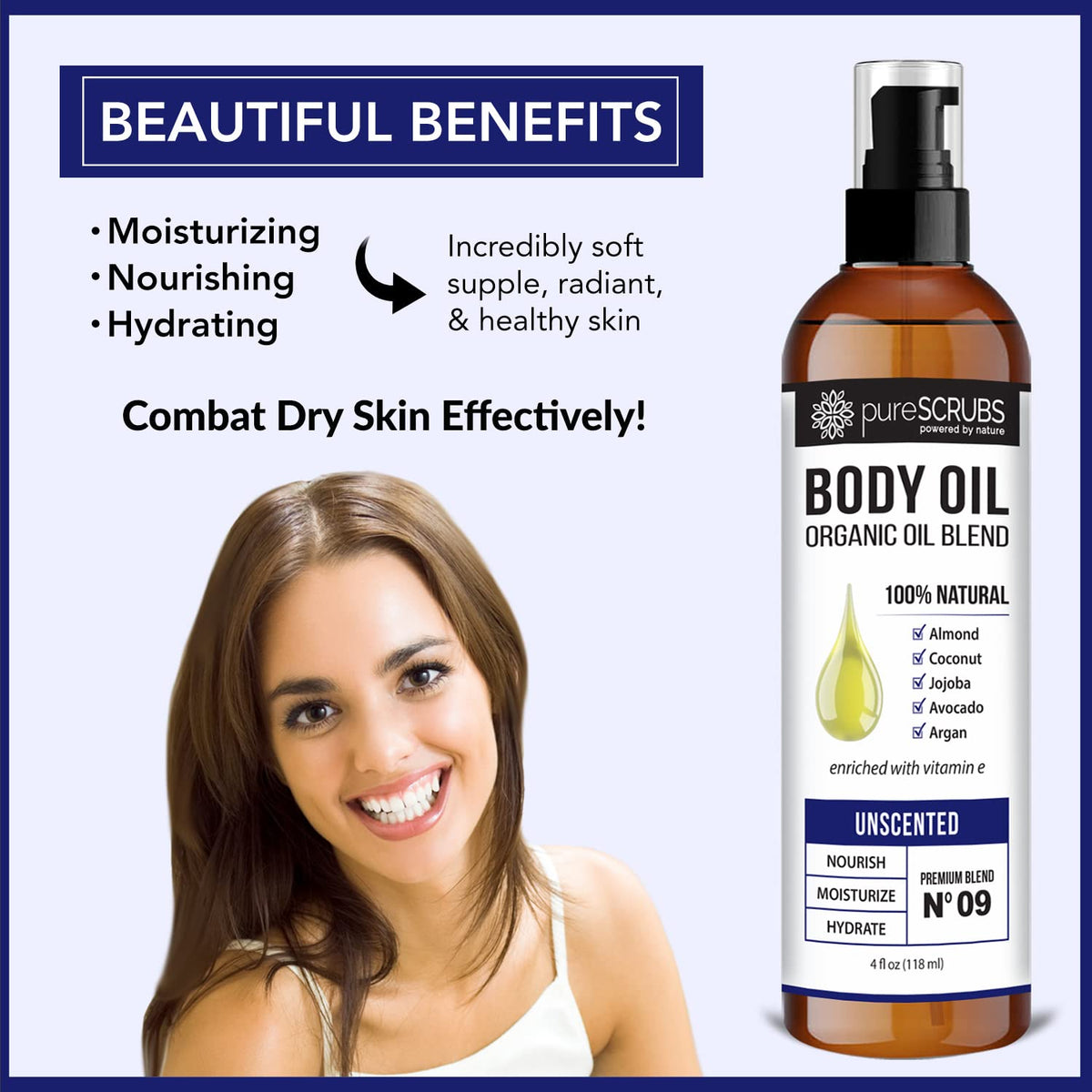 PureSCRUBS organic oil blend with jojoba, coconut and argan nourishes skin