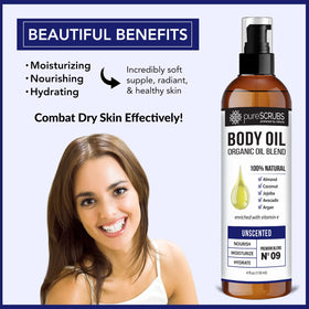 PureSCRUBS organic oil blend with jojoba, coconut and argan nourishes skin