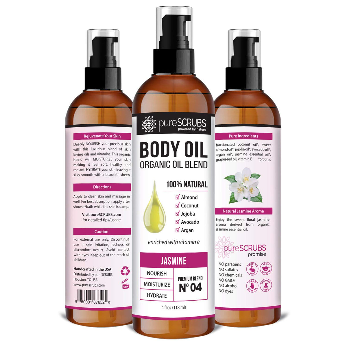 PureSCRUBS Organic Oil Blend provides deep hydration with jojoba, coconut, and argan.