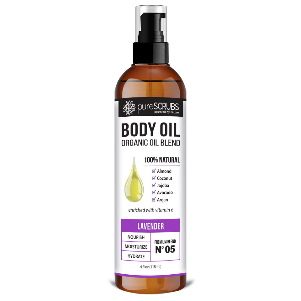 PureSCRUBS Ultra Moisturizing Lavender Body Oil Spray bottle delivers silky, fast-absorbing hydration.
