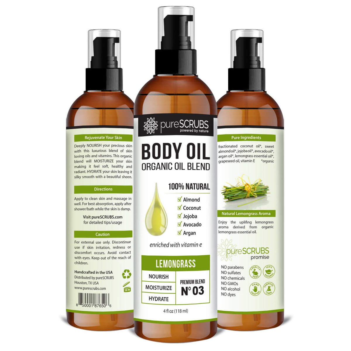 PureSCRUBS lemongrass body oil spray being applied to skin with a refreshing aroma