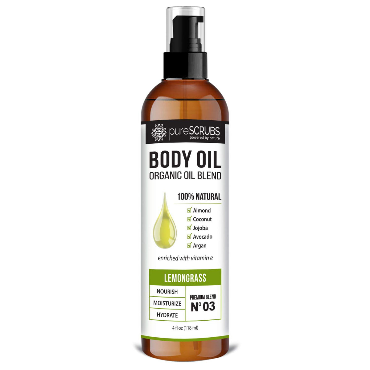 PureSCRUBS lemongrass body oil spray bottle close-up showing a smooth glide