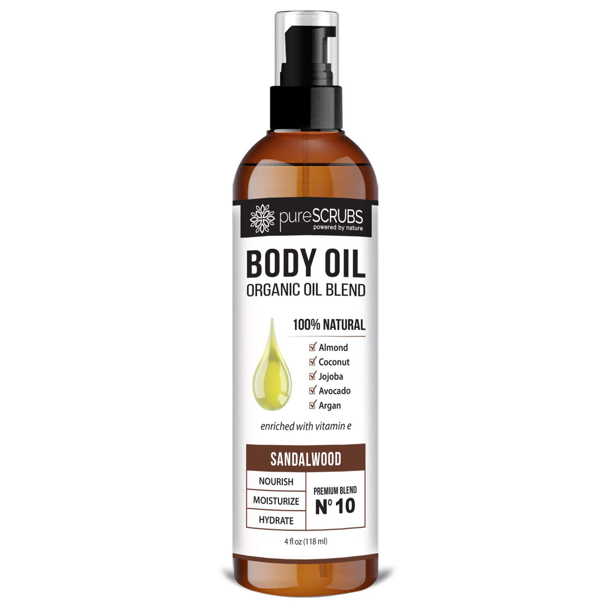 PureSCRUBS Ultra Moisturizing Sandalwood Body Oil Spray bottle for smooth, hydrated skin.