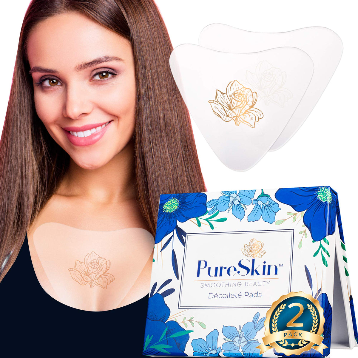 PureSkin Chest Wrinkle Pads showing two-pack set for overnight smoothing.