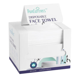 PureSoftness disposable face towel packaging close-up highlighting premium cotton and eco-friendly design