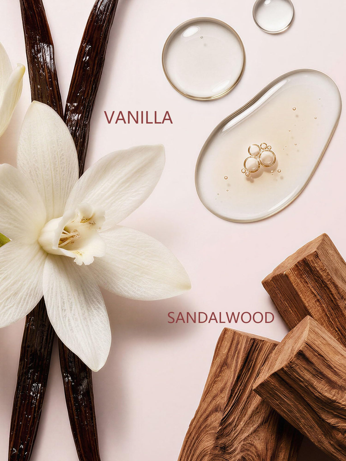 PUREU Creamy Vanilla Sandalwood label close-up highlighting warm scent profile.