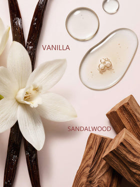PUREU Creamy Vanilla Sandalwood label close-up highlighting warm scent profile.