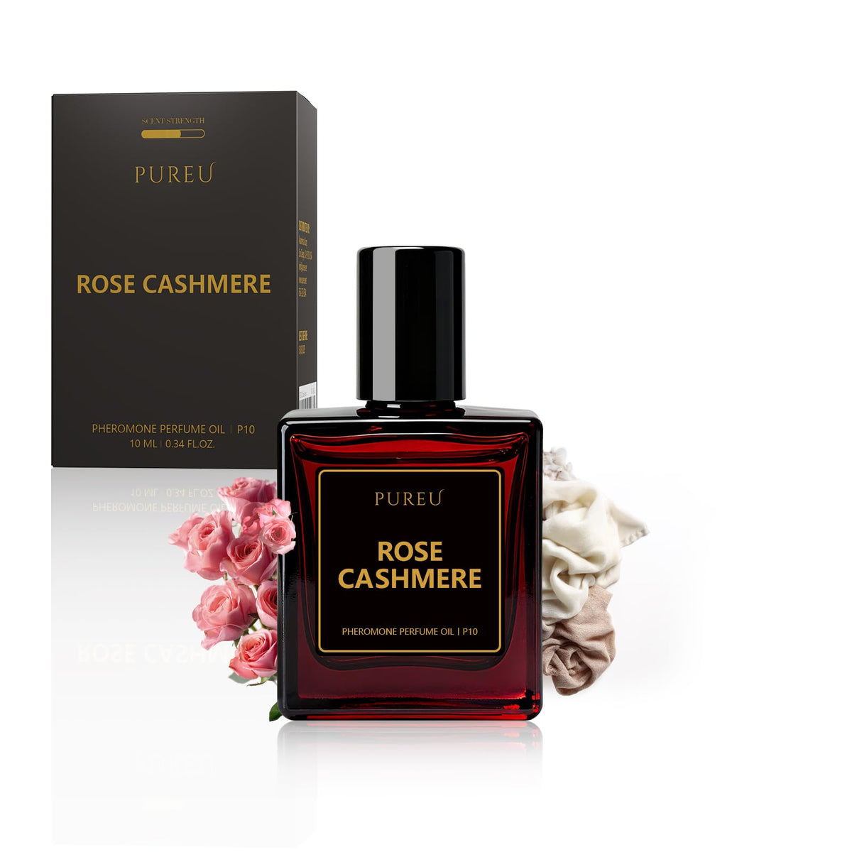 PUREU Rose Cashmere bottle close-up showcases elegant design and premium fragrance.
