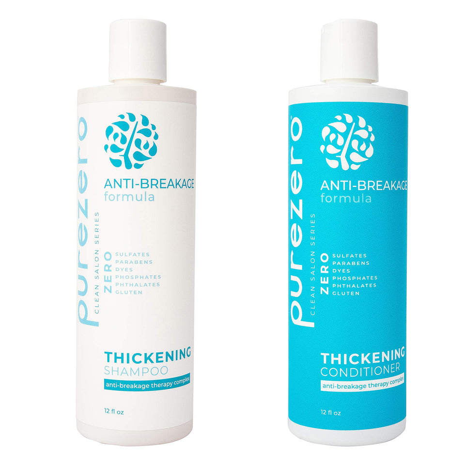 Purezero anti-breakage shampoo bottle front promotes stronger-looking hair.