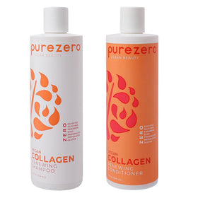 Purezero collagen shampoo bottle close-up showing a hydrating, silicone-free formula.