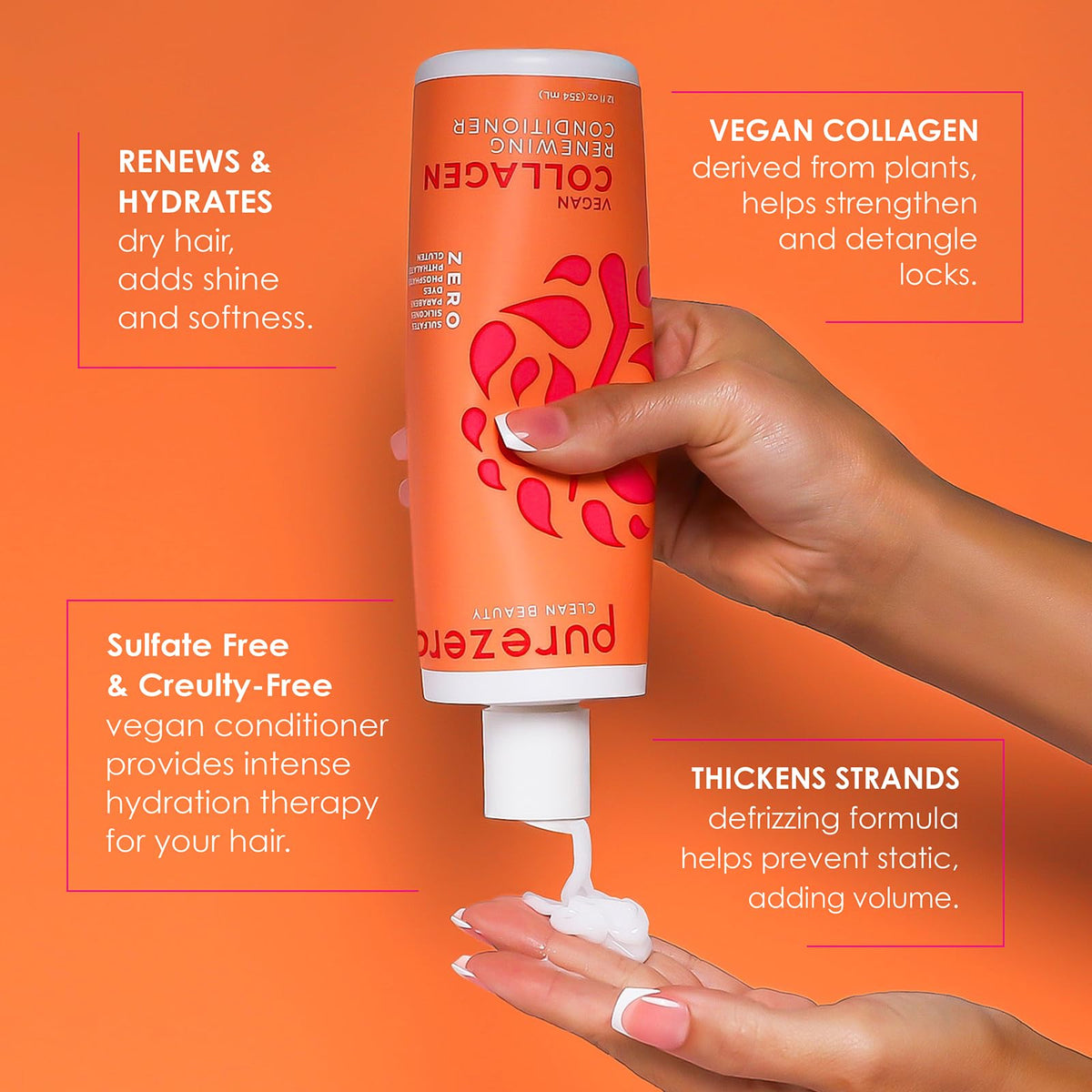Purezero conditioner hands-on shot highlighting detangling and moisture.