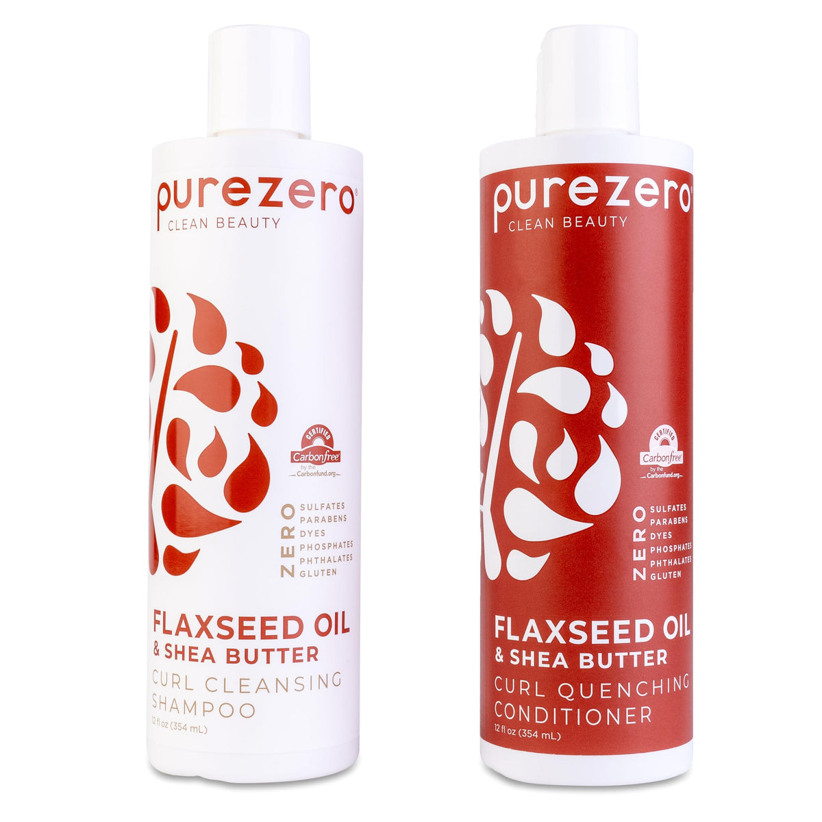 Purezero shampoo bottle with flaxseed oil promotes hydrated, detangled curls.