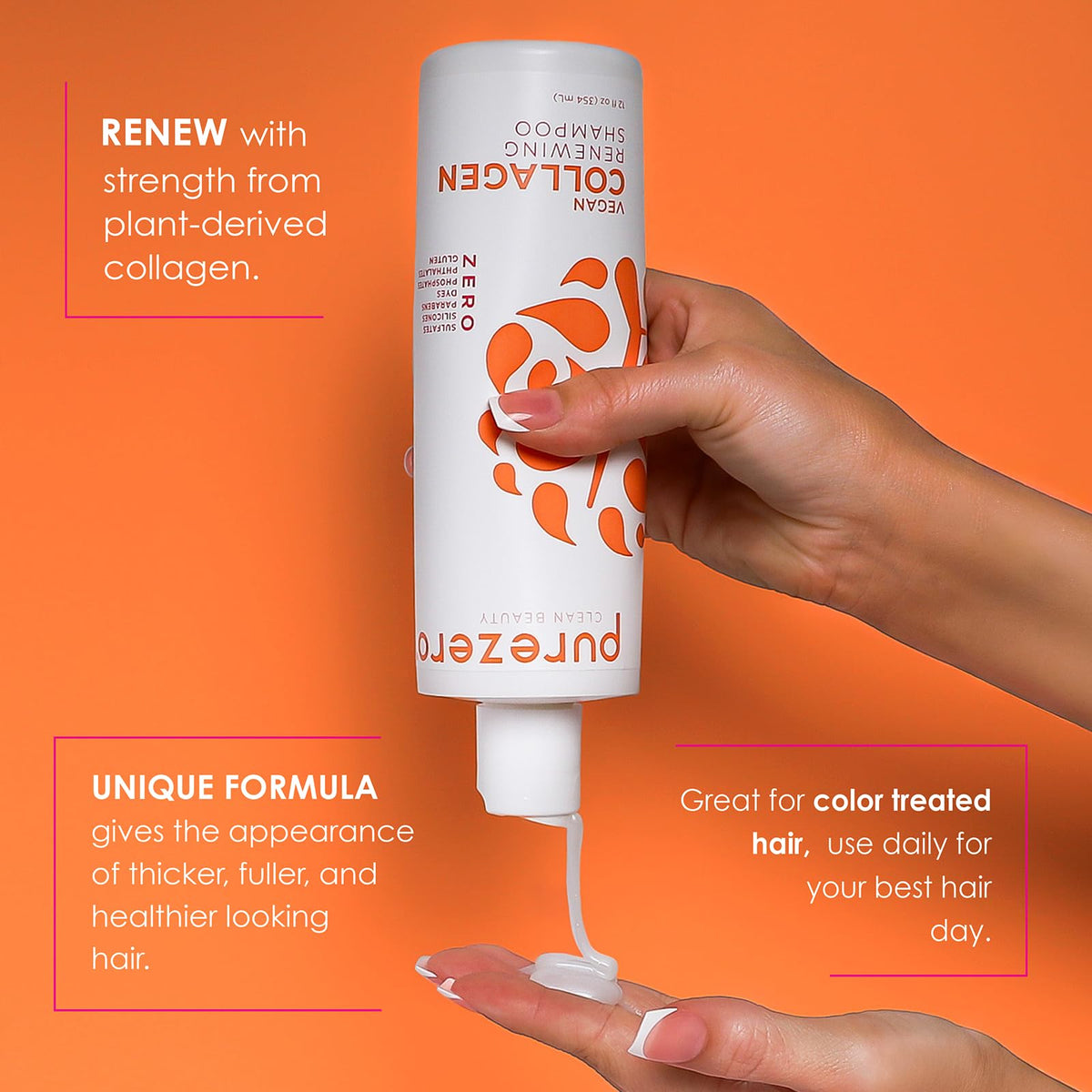 Purezero shampoo bottle close-up showing gentle sulfate-free cleansing.
