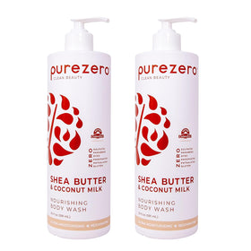 Purezero Shea Butter + Coconut Milk Body Wash bottle front showing hydrating formula