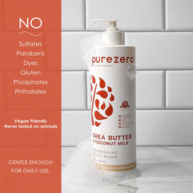 Purezero bottle side view highlighting zero sulfates and paraben-free commitment