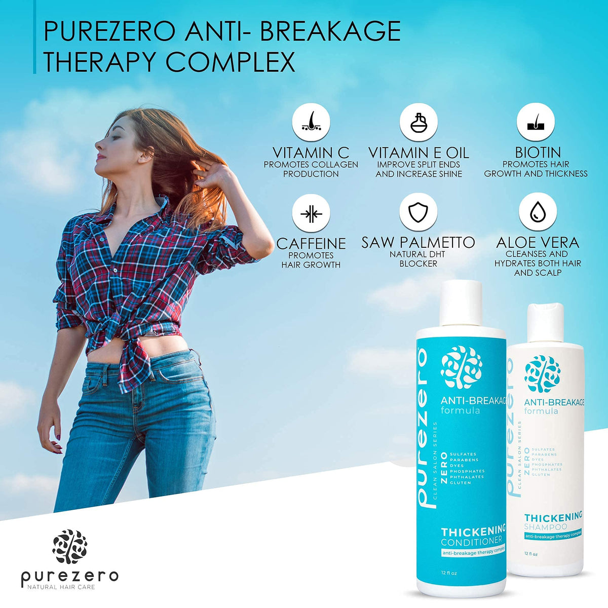 Purezero thickening conditioner bottle front suggests fuller, voluminous hair.