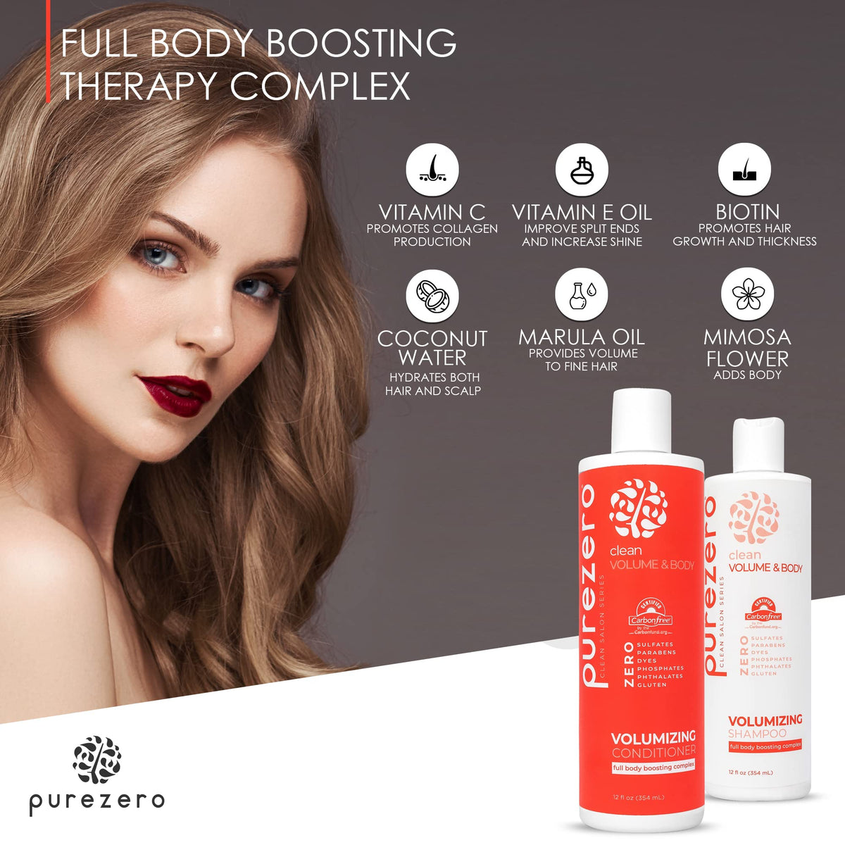 PureZero Volumizing Conditioner bottle back highlights smooth, detangling care