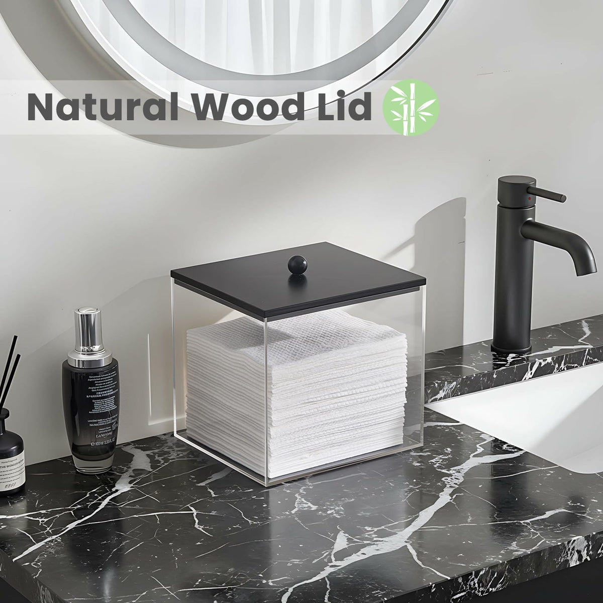 Puricon acrylic facial towels holder with black lid, front view, stylish storage for towels.
