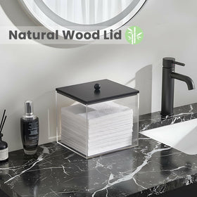 Puricon acrylic facial towels holder with black lid, front view, stylish storage for towels.