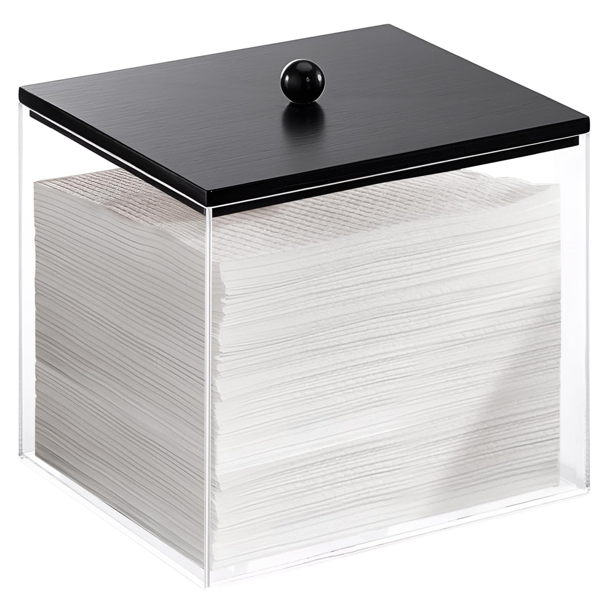 Puricon acrylic facial towels holder with wood lid, front view showing clear, dust-free storage.