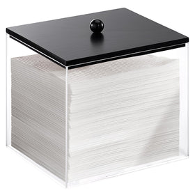 Puricon acrylic facial towels holder with wood lid, front view showing clear, dust-free storage.