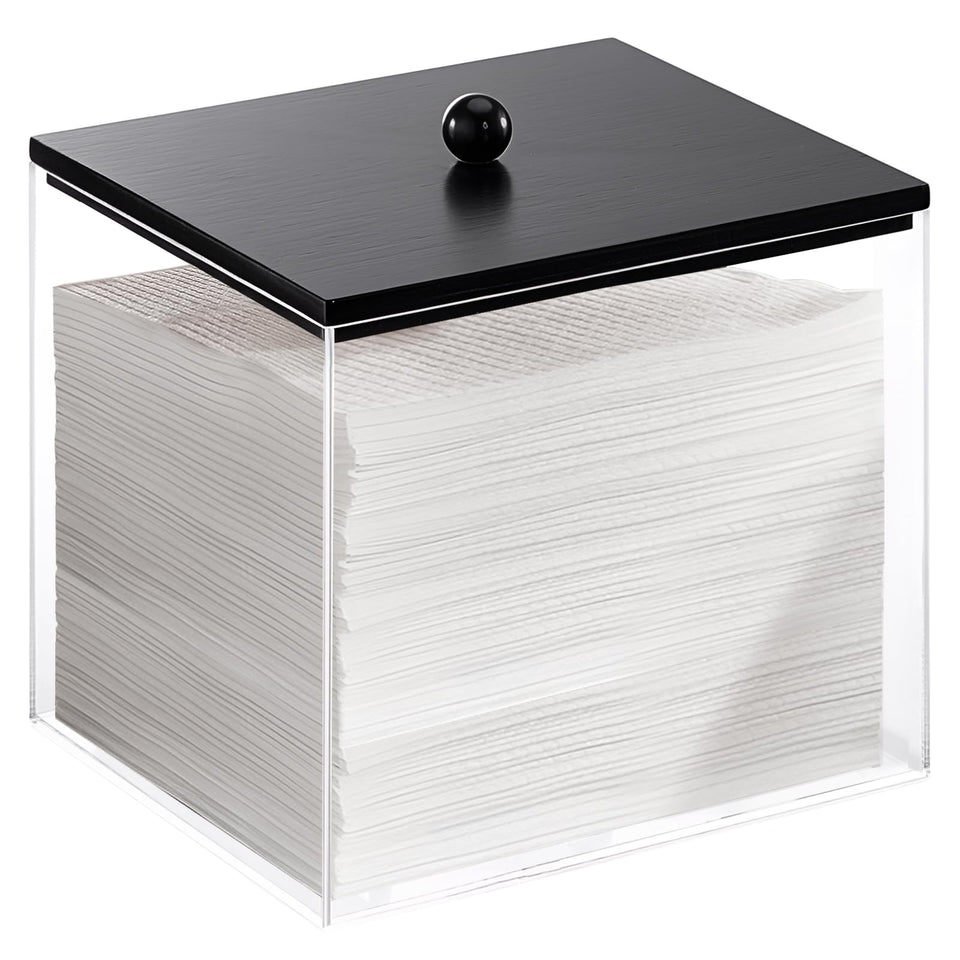 Puricon acrylic facial towels holder with wood lid, front view showing clear, dust-free storage.